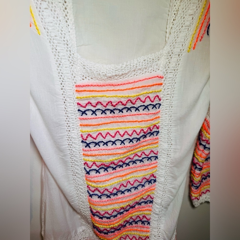 Letarte Handmade White W Vibrant Crochet Embroidered Cotton Coverup Size XS - Picture 5 of 8